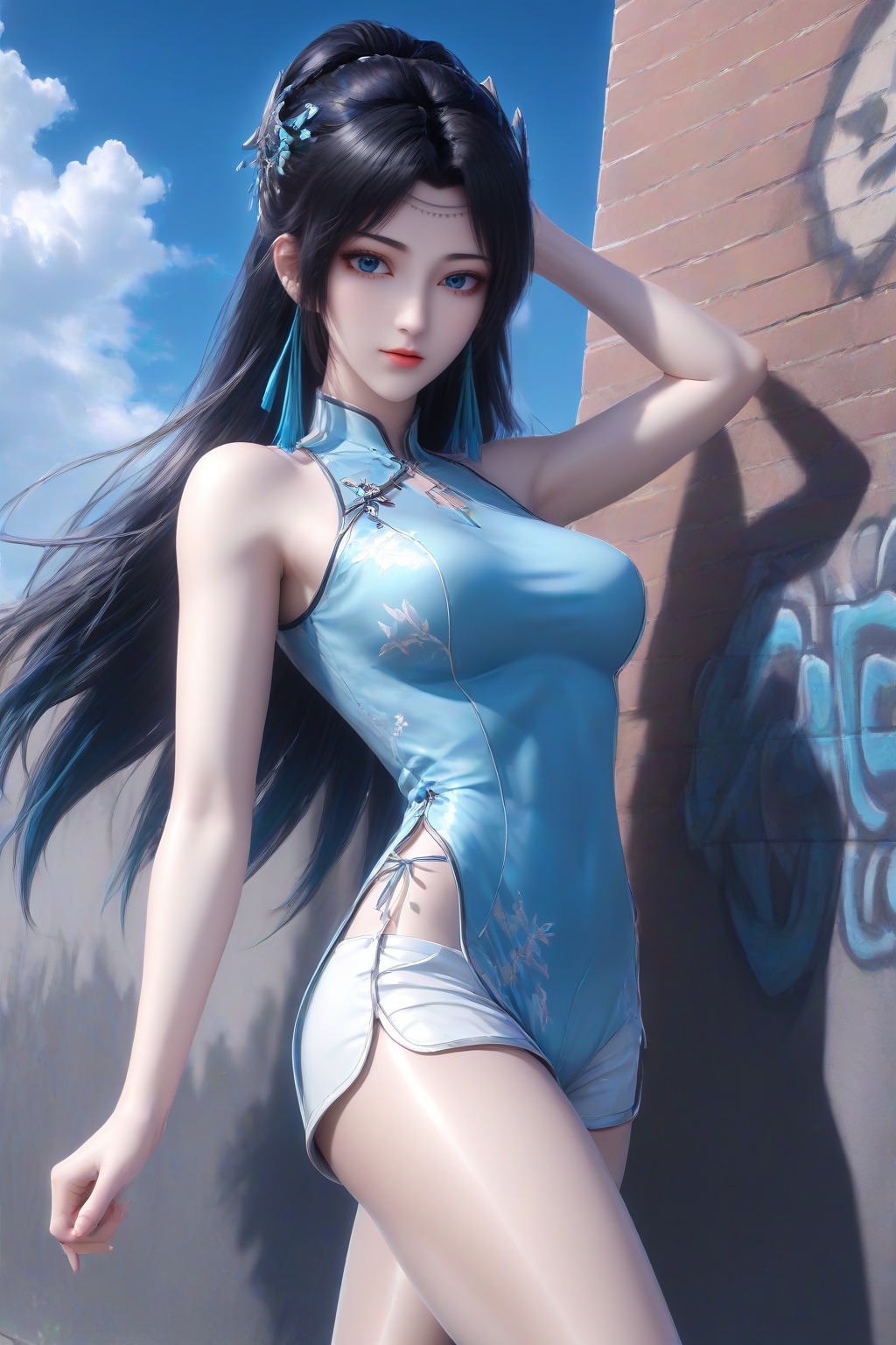 <lora:yunyun_bth_v6-000012:0.7>,yunyun_bth,1girl,solo,long hair,hair ornament,sky,medium breasts,hair bun,blue blue eyes,masterpiece,high quality,highres,absurdres,best quality,8K,high-res detailed,alternate costume,(white costume:1.2),china dress,chinese clothes,(puffy_shorts:1.2),looking at viewer,standing,dynamic pose,stretch,shadow,outdoors,wall,graffiti,sky,blue sky,cloud,street,<lora:DetailedEyes_V3:0.5>,<lora:sh-glossy_r2:0.7>,pantyhose,