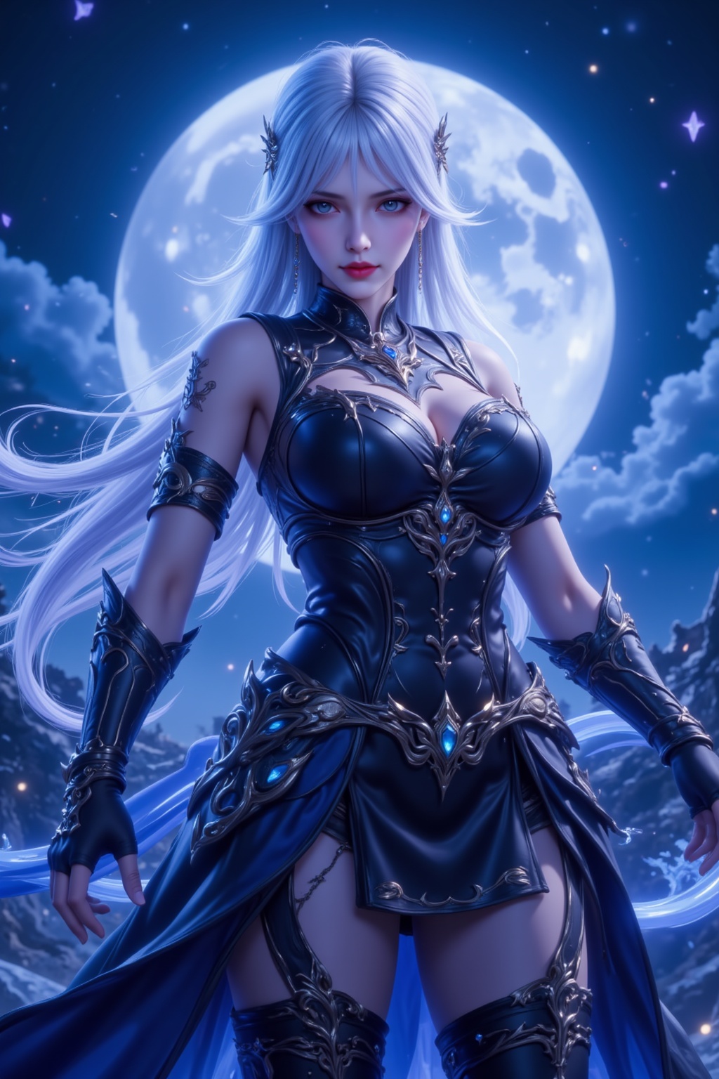 <lora:绚丽多彩·优化9:0.8>,lvjing,1girl,solo,long hair,moon,blue eyes,breasts,looking at viewer,jewelry,white hair,night,earrings,gloves,full moon,medium breasts,night sky,lips,fingerless gloves,cowboy shot,black gloves,sky,thighhighs,38,