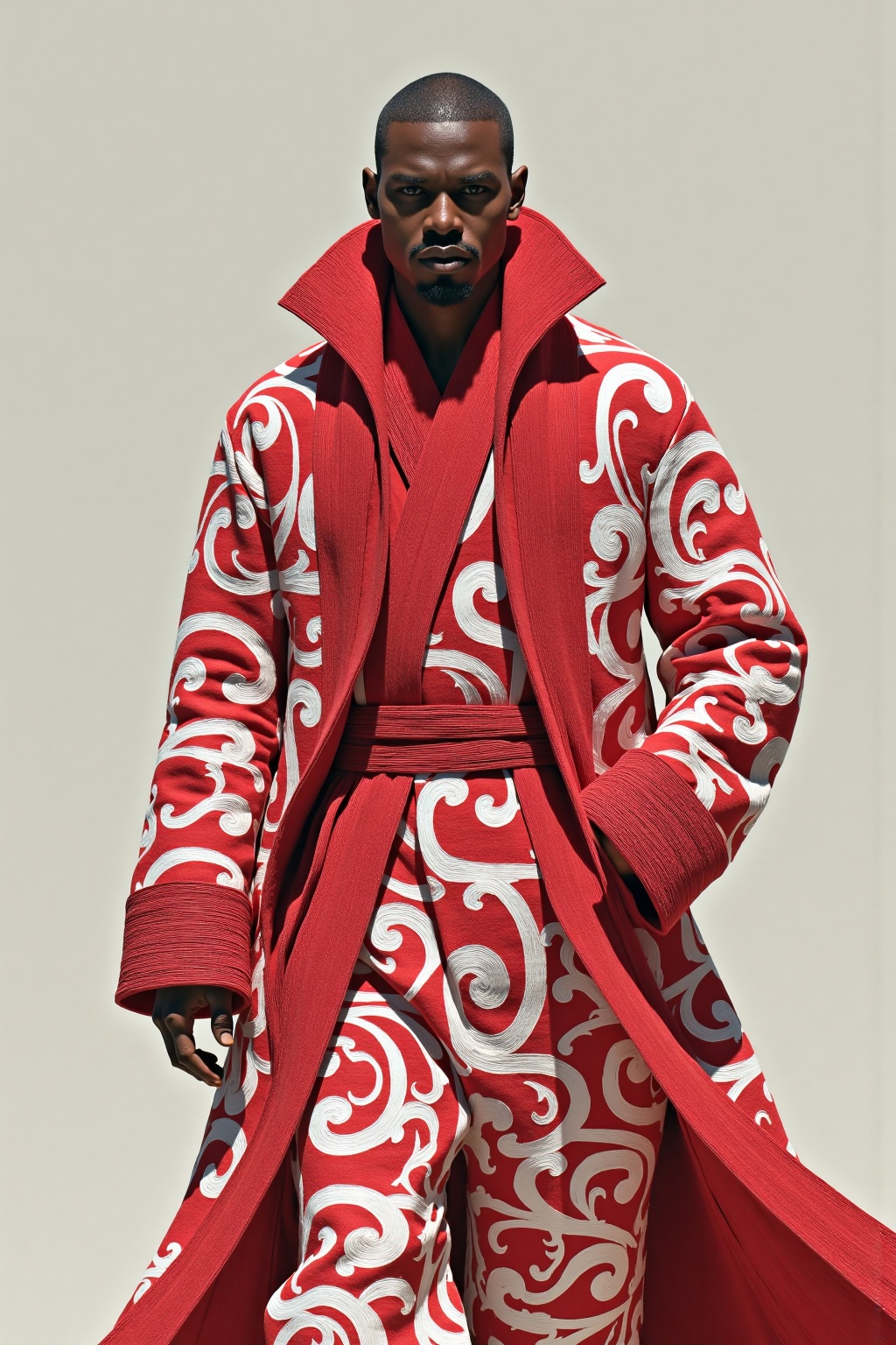 beijihui,a close-up of a man's head is visible,adorned with a red robe adorned with white swirls. The robe is draped over his left shoulder,adding a touch of warmth to the scene. The backdrop,a stark white wall provides a stark contrast to the red robe.,