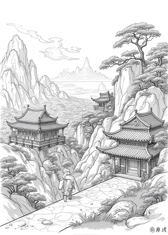 three views,hua,A drawing of a majestic village,