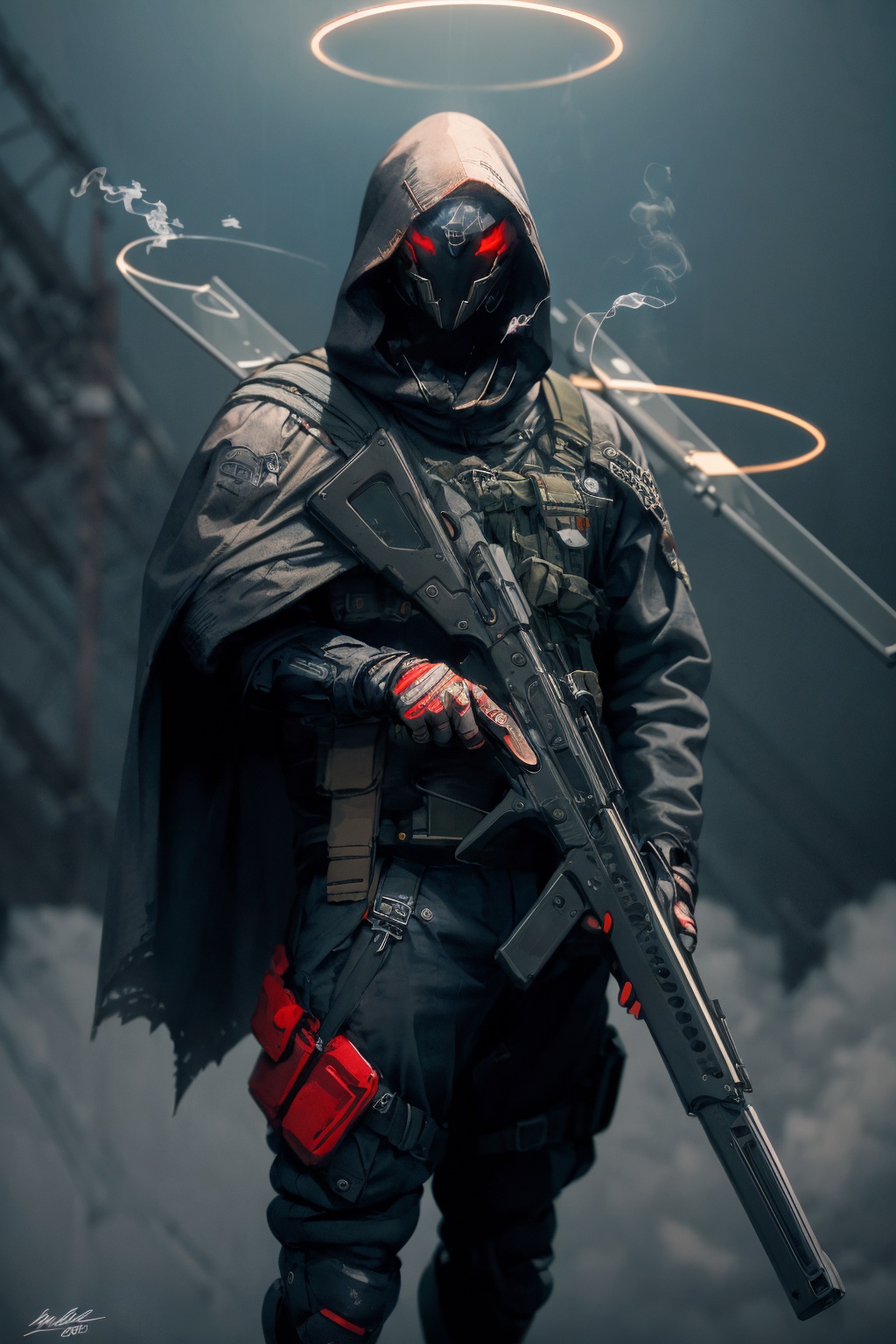 -weapon, gun, solo, 1boy, holding weapon, holding, halo, male focus, holding gun, science fiction, hood, gloves, holster, rifle, handgun, mask, cape, smoke, signature,<lora:Apocalypse Aso_20240119162949:1>,Apocalypse Aso,