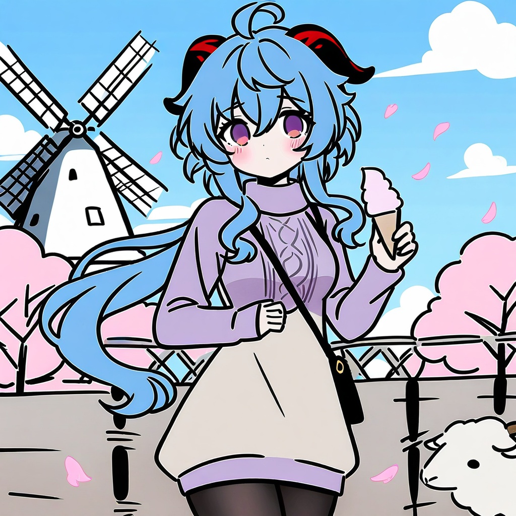 <lora:flat-color-style_A3.1_XL:0.8>,flat-color-style,1girl, ganyu \(genshin impact\), solo, outdoors, long hair, goat horns, ice cream, horns, flower, purple eyes, blue hair, sweater, petals, looking at viewer, pantyhose, food, bag, turtleneck, ahoge, bangs, blush, windmill, purple flower, sheep, turtleneck sweater, holding, fence, breasts, cloud, day, long sleeves, sky, handbag, shoulder bag, building, falling petals, cowboy shot, closed mouth, floating hair, dress, animal, black pantyhose, purple sweater, hair between eyes, pink flower, medium breasts, standing, sidelocks, cable knit, blue sky, tree, holding food
