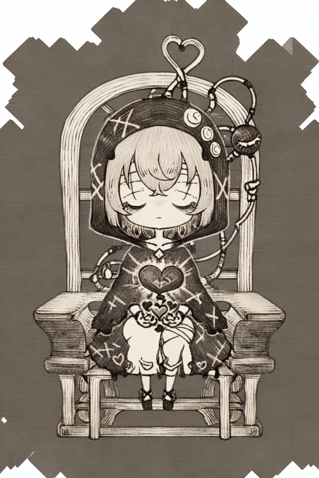 1girl,solo,short hair,hair ornament,hat,closed mouth,sitting,closed eyes,monochrome,heart,virtual youtuber,chibi,chair,black background,third eye,komeiji satori,<lora:mnsp Texture2D:1>,