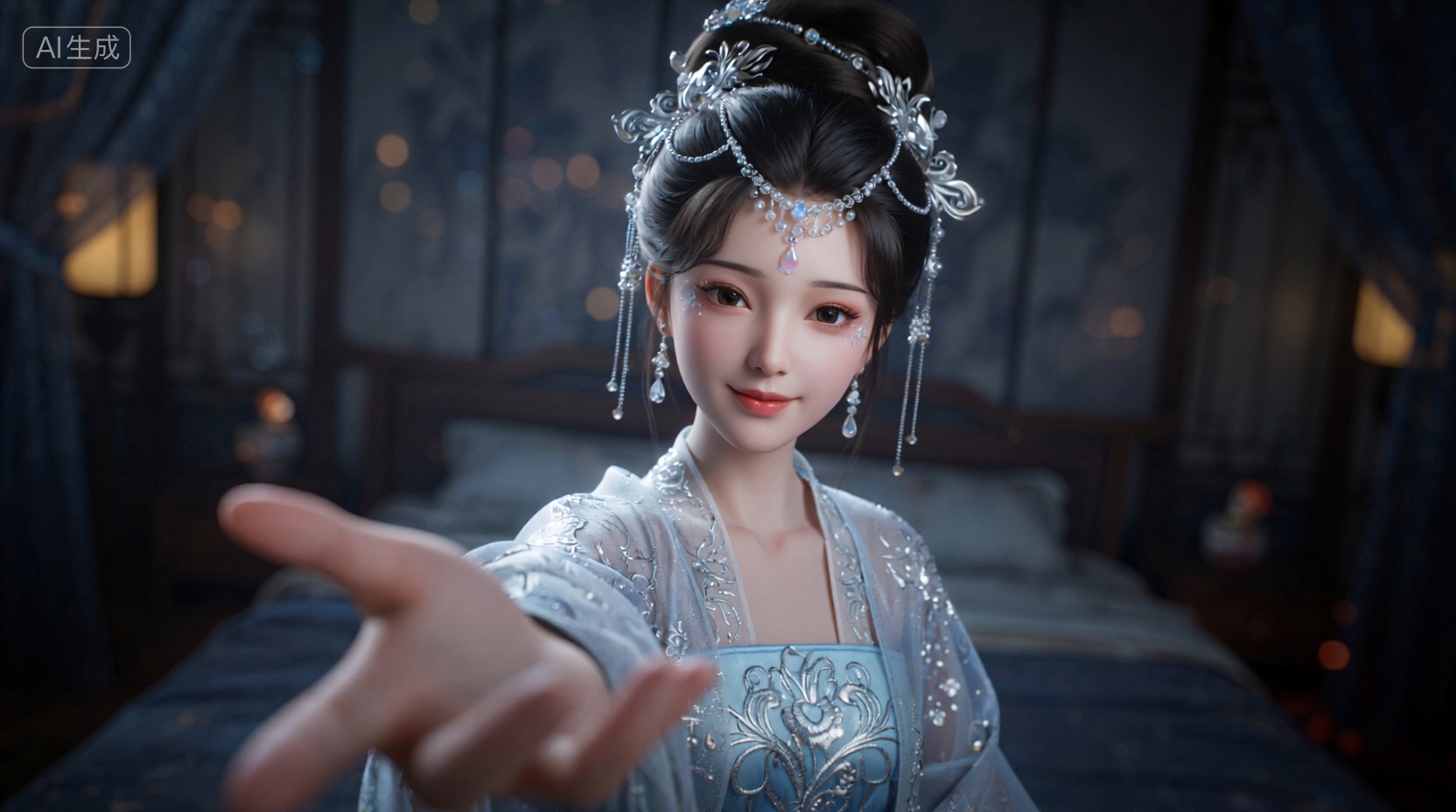 3D角色设计,第一人称视角,一个中国古风少女的半身特写,她正对着镜头伸出手邀请,模糊的前景的手,她有着精致的东方面孔和温柔的微笑,复杂的盘发上装饰着华丽的银质珠宝头饰,眼角下贴着闪亮的珠光装饰,角色身穿一件浅蓝色纱衣,衣服上布满了闪亮的银色刺绣,在古代室内,少女的背后是模糊的床,她向前伸出手,浅景深效果使背景呈现出美丽的圆形光斑,PBR写实渲染,亚洲少女,古风角色,浅景深,高精度雕刻模型,电影感调色,4K高清纹理,胸像特写,皮肤次表面散射,Unreal Engine 5,, Negative prompt: ng_deepnegative_v1_75t,(badhandv4:1.2),EasyNegative,(worst quality:2),,nsfw, Steps: 40, Sampler: Euler, CFG scale: 1.0, Seed: 1306572802, Size: 1664x928, Model hash: 98763a1277, Model: Qwen-Image_1.0.safetensors, Denoising strength: 0, RNG: CPU, Lora 1: 【摸鱼】3D, Lora Hash 1: 2106c5bf96, Lora Weight 1: 0.8, Lora 2: 【摸鱼】创意电商场景_电商产品场景, Lora Hash 2: 8df046f041, Lora Weight 2: 0.4, Lora 3: Qwen-Image-Lightning-8steps-V1.1-bf16.safetensors, Lora Hash 3: fe04c3ec1d, Lora Weight 3: 0.6, vae_name: automatic