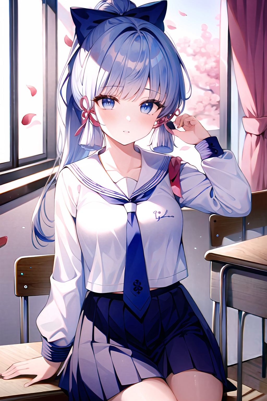 (masterpiece, best quality:1.2),insanely detailed,absurdres,ultra-highres,ultra-detailed,best quality,slender,kawaii,perfect symmetrical face,ultra cute girl,ultra cute face,ultra detailed eyes,ultra cute,ultra beautifu,<lora:kamisato ayakaV2-000006:1>,kamisato ayaka \(heytea\),kamisato ayaka,1girl,solo,petals,blue skirt,school uniform,sailor collar,long hair,falling petals,grey eyes,blue necktie,sitting,window,ponytail,indoors,cherry blossoms,white shirt,pleated skirt,chair,hair ribbon,mole under eye,shirt,looking at viewer,parted lips,necktie,ribbon,long sleeves,serafuku,desk,curtains,white sailor collar,school chair,tress ribbon,classroom,bow,alternate costume,hair bow,hand up,sidelocks,
