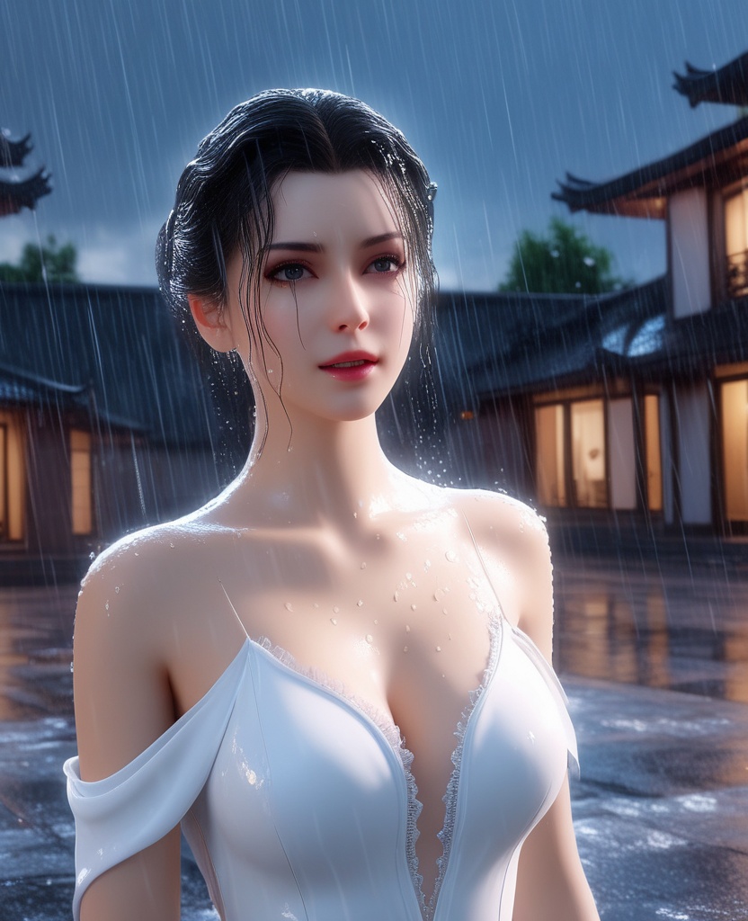 <lora:592-DA-XL-星辰变-姜立:0.8>(,1girl, ,best quality, ),looking at viewer,masterpiece, (( , )),,ultra realistic 8k cg, ,      ,building, bare_shoulders,cleavage cutout, eyelashes,magic,hydrokinesis,sweat, wet, rain, ,       (cleavage), (),