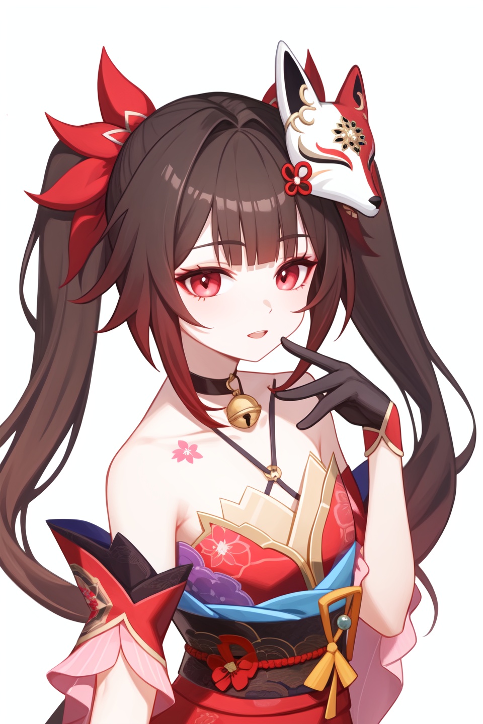 <lora:nai画风:0.8:lbw=paint>,<lora:花火v5:1:lbw=char>,huahuo,twintails,fox mask,red kimono,mask on head,black gloves,detached sleeves,choker,high quality,jingle bell,tattoo,, (masterpiece,best quality,high quality:1.4),absurdres,