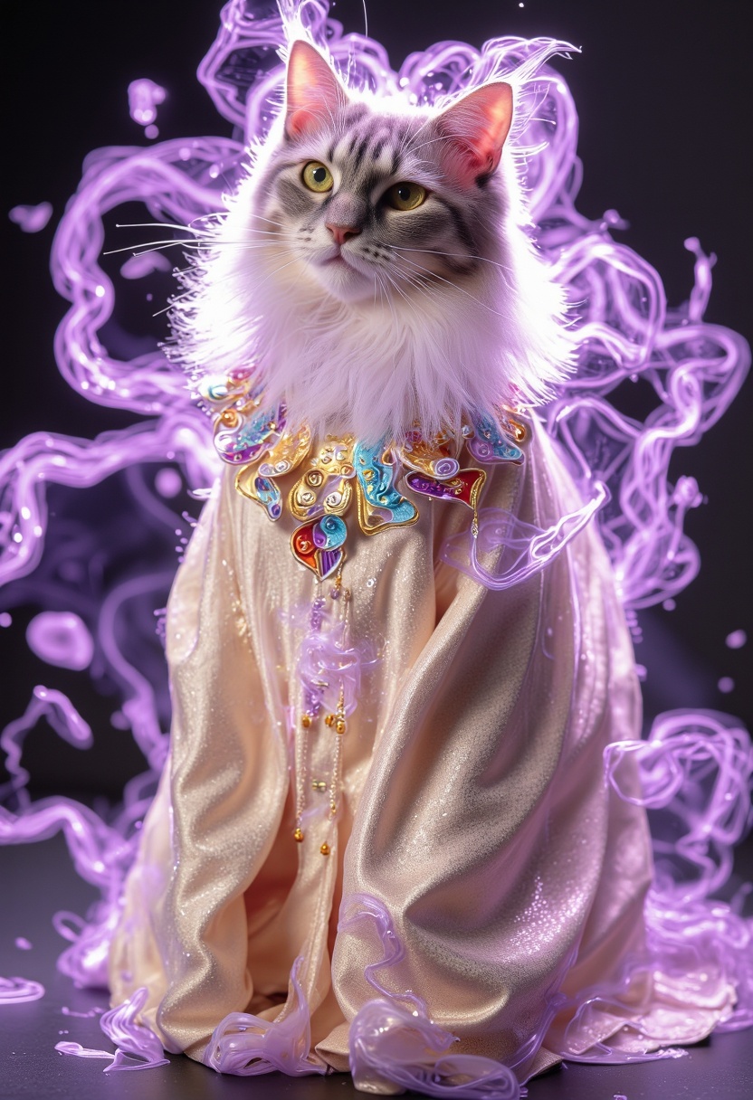 photography of a cat with aura made of bubbles,  it wearing in multicolour hanfu,  purple bubbles on Tensor.Art
