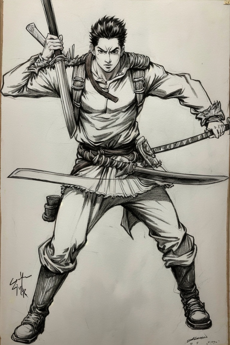 ((HRD, HUD, 8K)),((masterpiece, best quality)), highly detailed, soft light,Sketch, weapon, 1boy, solo, male focus, monochrome, sword, holding, holding weapon, greyscale, holding sword, dual wielding, katana, traditional media, scar, muscular, roronoa zoro, dated, sheath, scar on face, full body, fighting stance, scabbard, unsheathed, boots, standing, looking at viewer, mouth hold, signature, short hair,  <lora:20240413-1712999239990:0.8>
