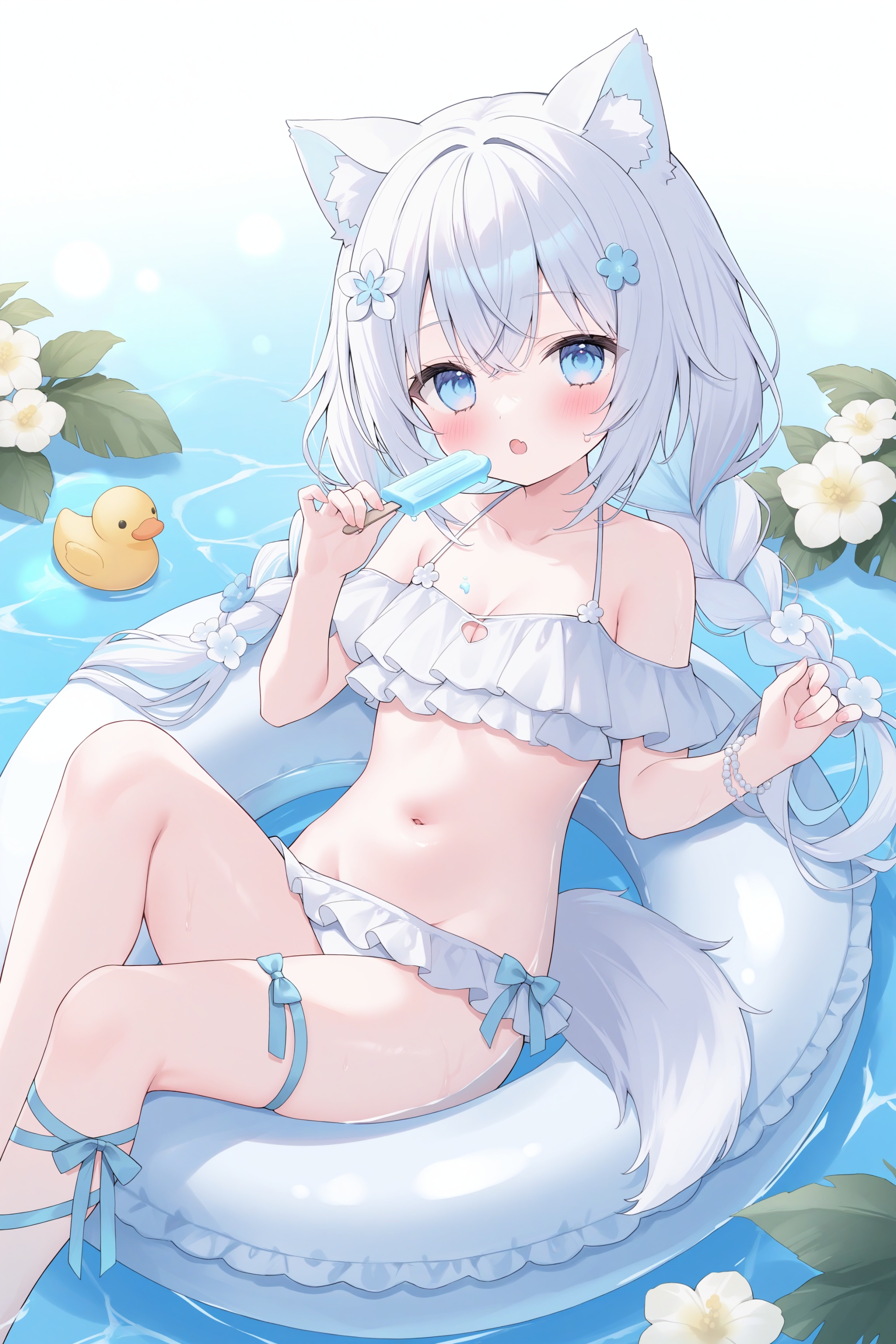 quality,amazing quality,very aesthetic,absurdres,1girl,loli,swimsuit,animal ears,food,bikini,tail,innertube,solo,popsicle,breasts,white bikini,flower,blue eyes,twin braids,navel,braid,frills,frilled bikini,water,hair ornament,long hair,hair flower,holding,looking at viewer,white hair,cleavage,bangs,twintails,blush,holding food,dog girl,animal ear fluff,white flower,dog tail,rubber duck,groin,dog ears,low twintails,collarbone,small breasts,leg ribbon,virtual youtuber,open mouth,