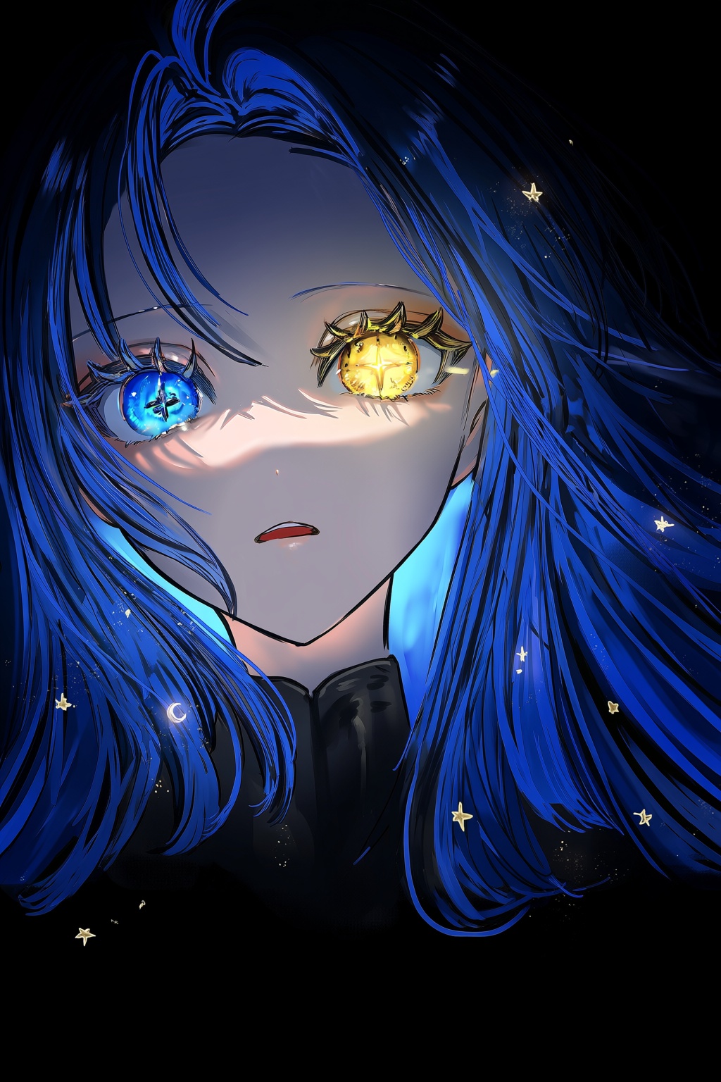 @gawako,  A close-up portrait of a solitary female character with long flowing blue hair and heterochromia—one golden-yell...