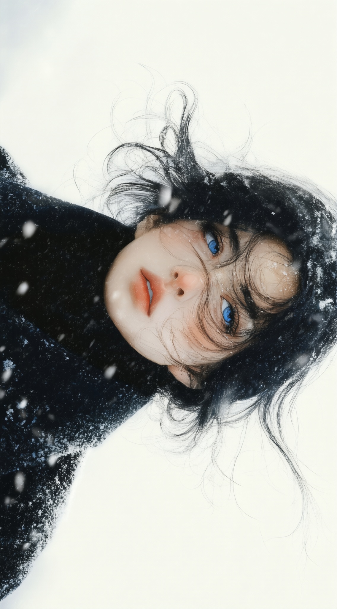a digital illustration shoot from a portrait camera angle about a portrait of a woman in a winter setting,with snow falling around her,the image also shows a woman standing in the middle of the frame,looking directly at the viewer with her blue eyes,she has a serious expression and is wearing a black coat,the woman has short,wavy black hair that falls down her back,and her face is partially obscured by the snow,the background is a plain white,and the image has a soft,ethereal quality with a focus on the womans face and the texture of her coat,, Negative prompt: ng_deepnegative_v1_75t,(badhandv4:1.2),EasyNegative,(worst quality:2),,nsfw, Steps: 30, Sampler: Euler, CFG scale: 4.0, Seed: 1916176412, Size: 1142x2048, Model hash: 9768b098f7, Model: ZOZ_千问大模型~超强泛化改良版_v1.0.safetensors, Denoising strength: 0, RNG: CPU, Lora 1: ZOZ, Lora Hash 1: aadbc953ae, Lora Weight 1: 0.8, vae_name: automatic