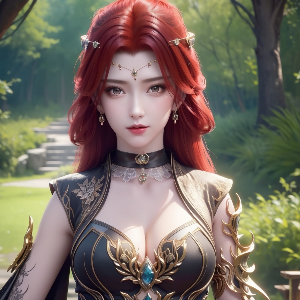 <lora:斗破苍穹-唐火儿:0.8>,red hair,   (,1girl, ,best quality, ),looking at viewer,  ,ultra detailed background,ultra detailed background,ultra realistic 8k cg,(masterpiece:1.2),(best quality:1.2),(ultra detailed:1.2),(official art:1.3),(beauty and aesthetics:0.8),detailed,(intricate:0.8),(highly detailed),(solo),delicate countenance,1girl,fancy,(glassy texture:1.2),(crush:1.2),8k,accessory,tattoo,(transparent:1.1),gown,energy encirclement,instant,in the twinkling of an eye,upper body,woman in a mythical forest, masterpiece, perfect face, intricate details, horror theme, raw photo, photo unp(cleavage),,