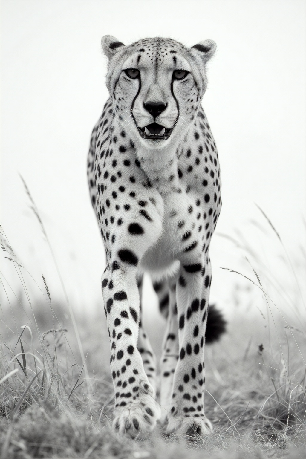 high-key black and white wildlife photography,  cheetah walking directly toward the viewer,  tall grass on Tensor.Art