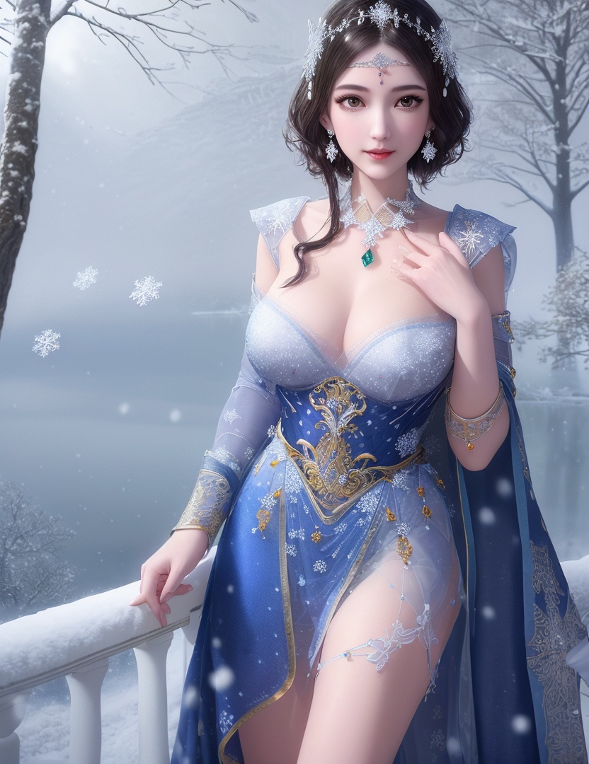 ultra realistic 8k cg, flawless, clean, masterpiece, professional artwork, famous artwork, cinematic lighting, cinematic bloom, perfect face, beautiful face, fantasy, dreamlike, unreal, science fiction,   lace, lace trim, lace-trimmed legwear, luxury, jewelry, diamond, gold, pearl, gem, sapphire, ruby, emerald, intricate detail, delicate pattern, charming, alluring, seductive, erotic, enchanting, hair ornament, necklace, earrings, bracelet, armlet,halo,autumn,((,1girl, pov,best quality, ))  , ((((1girl, solo,outdoors, large breasts,,snowflakes,  snow, snowing,   ))))    <lora:DA_BaiCai:0.7>