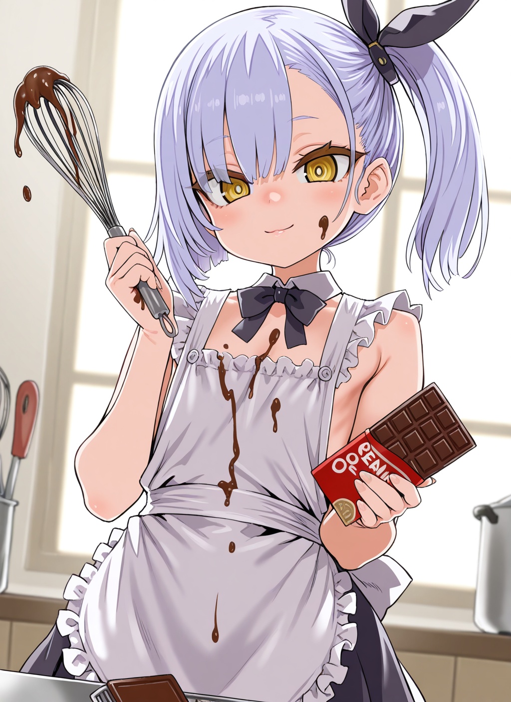 <lora:oceana_IL_v1.0:1>,oceana \(azur lane\),yellow eyes,side ponytail,frilled apron,holding whisk,chocolate bar,cream,cream on body,asanagi,light smile,, masterpiece,best quality,