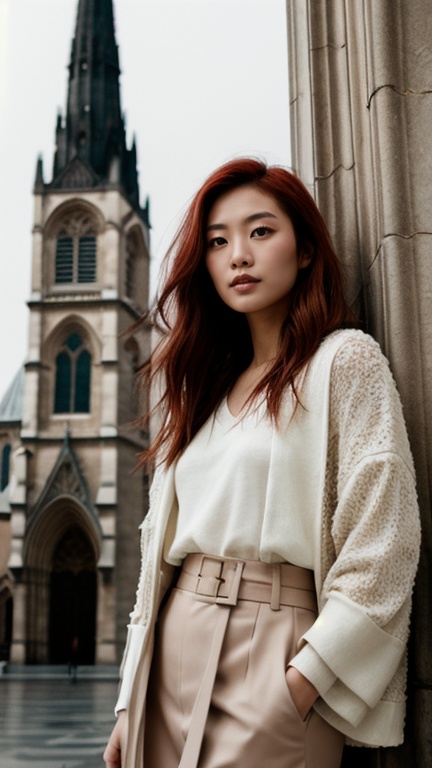 portrait of beautiful asian fashion model with pale red hair,  ethereal dreamy foggy,  photoshoot by Annie Leibovitz on Te...