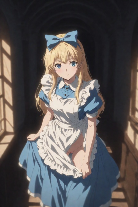 alice \(alice in wonderland\),alice in wonderland,1girl,blue eyes,blonde hair,long hair,hair bow,apron,blue dress,highres,absurdres,incredibly absurdres,huge filesize,Cinematic Lighting,light leaks,available light,moody lighting,depth of field,exquisite picture,advanced light effect,ergonomic,delicate material texture,nsfw,uncensored,solo_focus,overlooking,skirt_pull,