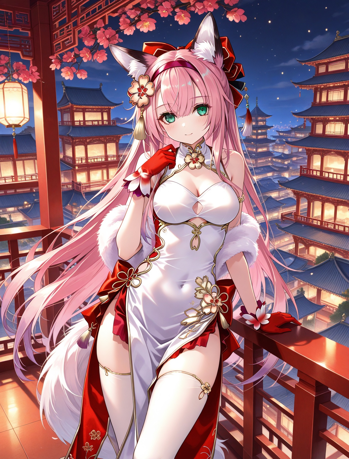 <lora:hanazuki_IL_v1.0:1>,hanazuki \(blossoming spring resplendent moon\) \(azur lane\),night,east asian architecture,solo,balcony,, masterpiece,best quality,