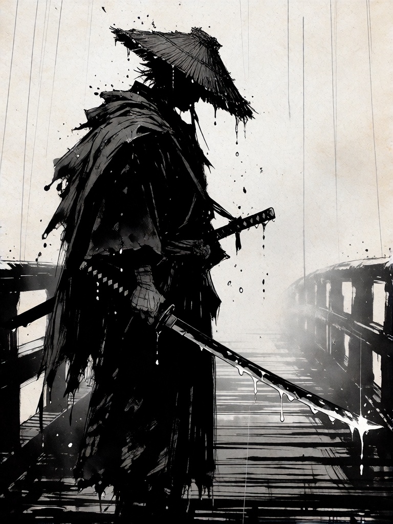 a black and white digital illustration in a Japanese ink wash style. A lone ronin stands on a wooden bridge in heavy rain,...