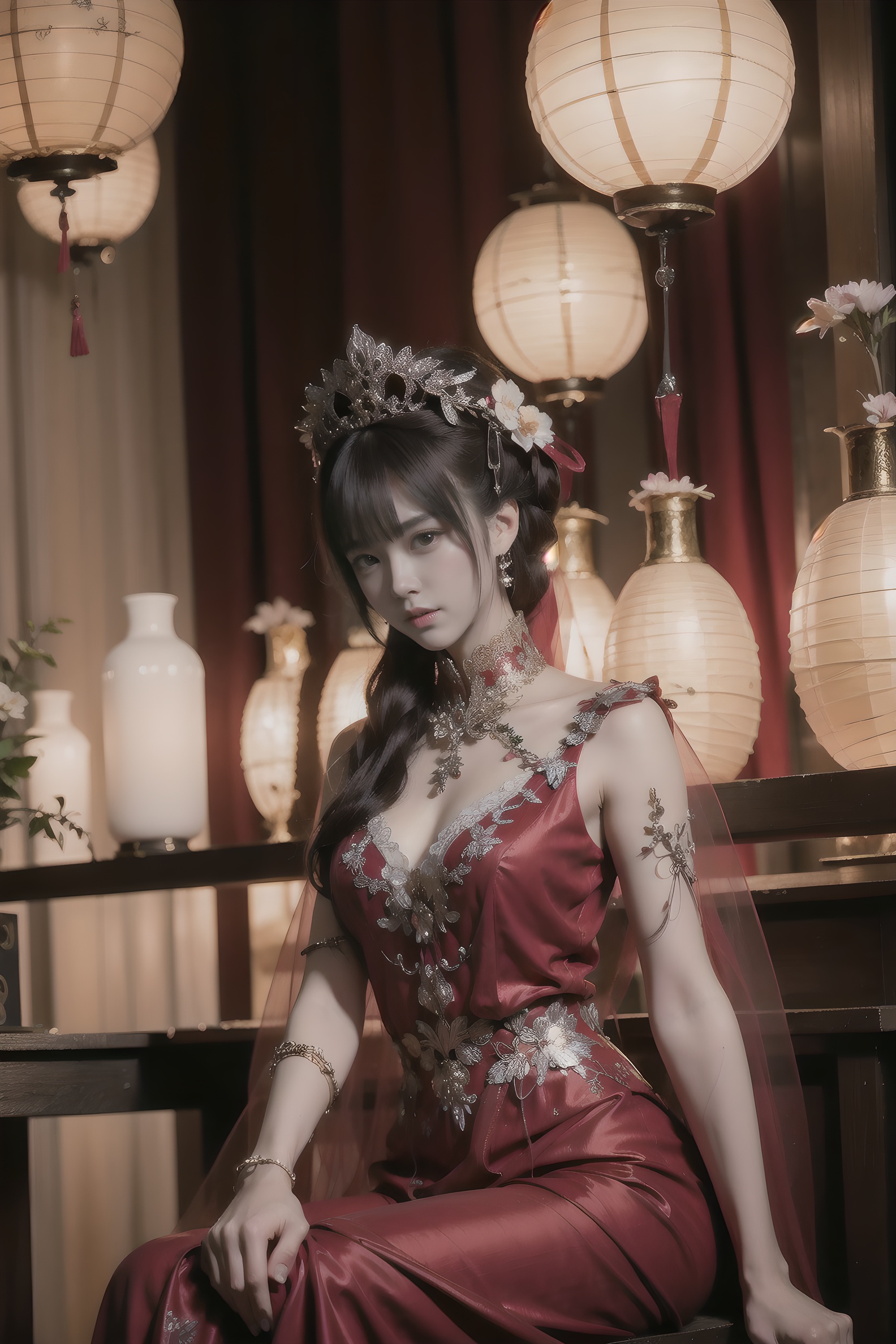 a woman sitting in a chair with a lot of lights behind her and a lot of lanterns behind her,Chen Chun,classical painting,a painting,fantasy artbest quality,masterpiece,realistic,masterpiece,Highly detailed,extreme detail description, <lora:中式花嫁v1:0.8>,Red wedding dress, 