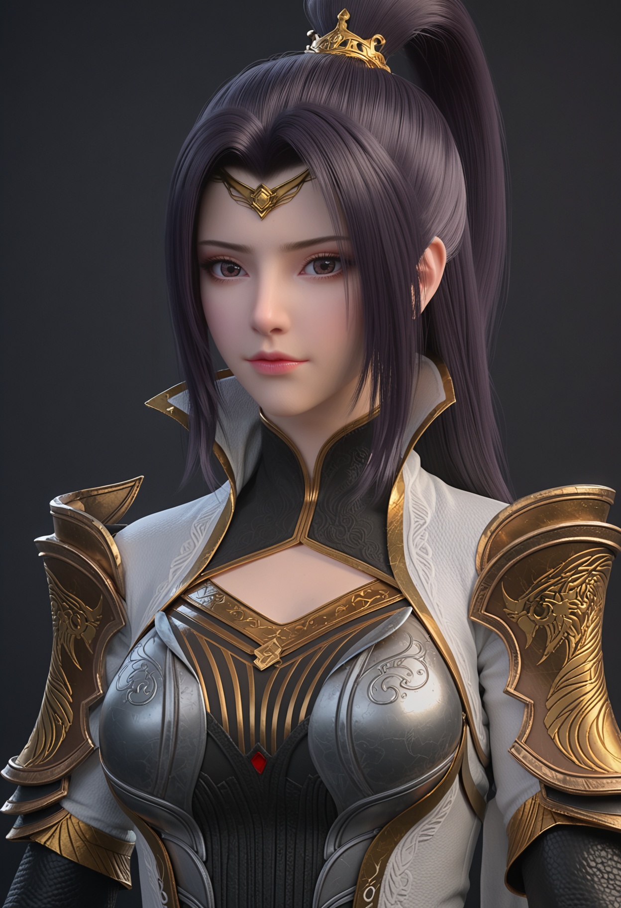 perfect_anatomy,score_9,(upper_body:1.1),looking_at_viewer,<lora:YQponyyaoyeV3:0.8>,q1528437228,solo,1girl,long_hair,armor,ponytail,black_hair,thighhighs,gloves,circlet,closed_mouth,brown_hair,high_heels,realistic,brown_eyes,cape,perfect_anatomy BREAK perfect_anatomy,simple background,black background,(shiny_skin),(Ivory_skin:1.1),(cinematic lighting),