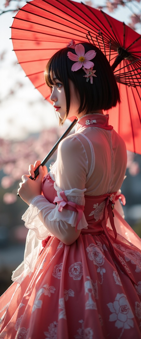 yamato  \(kancolle \),kantai collection,red umbrella,oil-paper umbrella,cherry blossoms,anchor,headgear,brown eyes,hair flower,,(((photo raw)), Lens Flares and High-Key Lighting Fisheye Distortion and Glow/Soft Focus , ,),from side,Alternate Reality, Stylish Fashion, Creative Art, Unique Aesthetic,Alternative Style,reflective light,glowing,energy, reflection ,wearing see-through cheongsam,