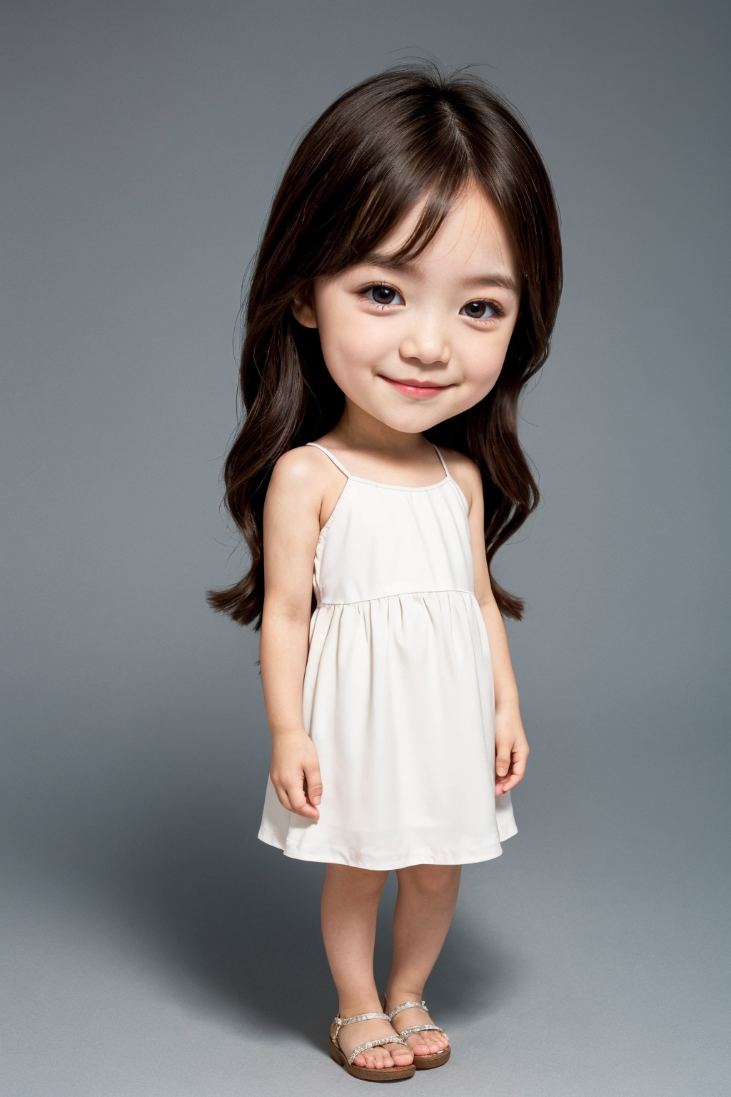 1girl, 1woman, solo, long hair, dress, brown hair, brown eyes, sandals, white dress, smile, standing, realistic, child, looking at viewer, lips, full body, chibi, sleeveless, photorealistic, sleeveless dress