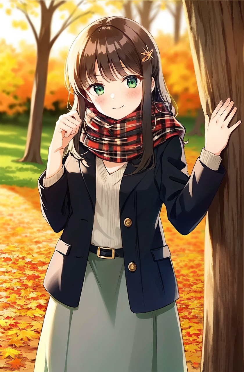 masterpiece,best quality,high quality,highres,1girl, kurosawa dia, solo, scarf, hair ornament, tree, outdoors, skirt, hairclip, red scarf, bangs, smile, signature, green eyes, blunt bangs, long sleeves, looking at viewer, day, long skirt, long hair, grey skirt, blurry, black hair, plaid scarf, open clothes, standing, closed mouth, gloves, depth of field, blush, dated, autumn, head tilt, black jacket, denim, brown hair, blurry background, autumn leaves, Fallen leaves,huging tree