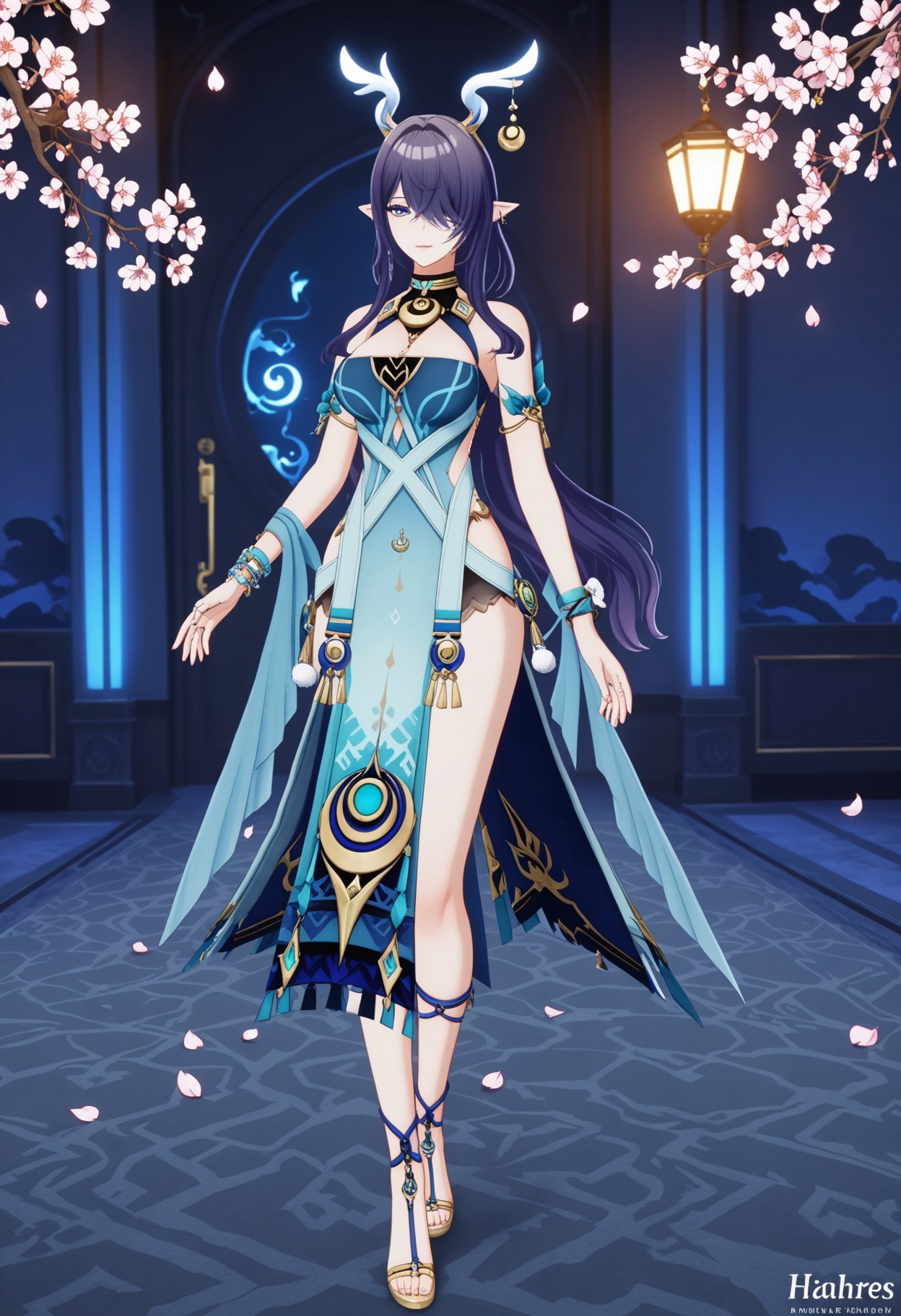 (full_body:1.4),(looking at viewer:1.1),facing viewer,direct gaze,(masterpiece:1.1),(best quality:1.2),(intricate details),(smog:1.3),(Dark room:1.3),(dim lighting:1.3),peach blossom,falling petals,<lora:YQ_Illustrious光辉v5_菈乌玛_V1:0.8>,1girl,solo,long hair,jewelry,pointy ears,dress,earrings,purple hair,horns,black hair,bracelet,blue eyes,blue hair,sandals,hair ornament,crescent,masterpiece,(best quality),(intricate details:0.9) BREAK (intricate details:0.9),(realistic skin:1.2),masterpiece,best quality,newest,absurdres,hiahres,