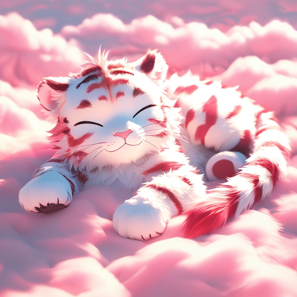 yinhu,tigger,fluffy,pink pattern,soft lighting,tiger boy,white fur,whimsy and dramatic lighting,warm colors,tigger focus,mf-movie-filter,cc-color-correction,cute,whiskers,:3,^ ^,no humans,closed eyes,on back,cloud,pink theme,lying,solo,closed mouth,cloudy sky,full body,smile,sky,red theme,white background,facing viewer,simple background,<lora:yinhu_annimate_xl_p_ith_txt:0.8>,