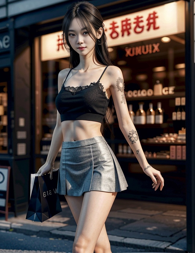 hot,slim,girl,eligent,tatoo,shopping,sexy,charming,long hair,short skirt,heel,best quality,original,extremely detailed wallpaper,perfect lighting,(extremely detailed CG:1.2)