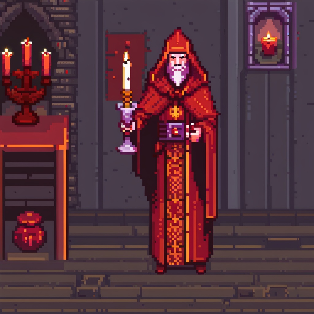 an old bearded man in a hood holding a lit candle,  wearing ornate clothing, on Tensor.Art