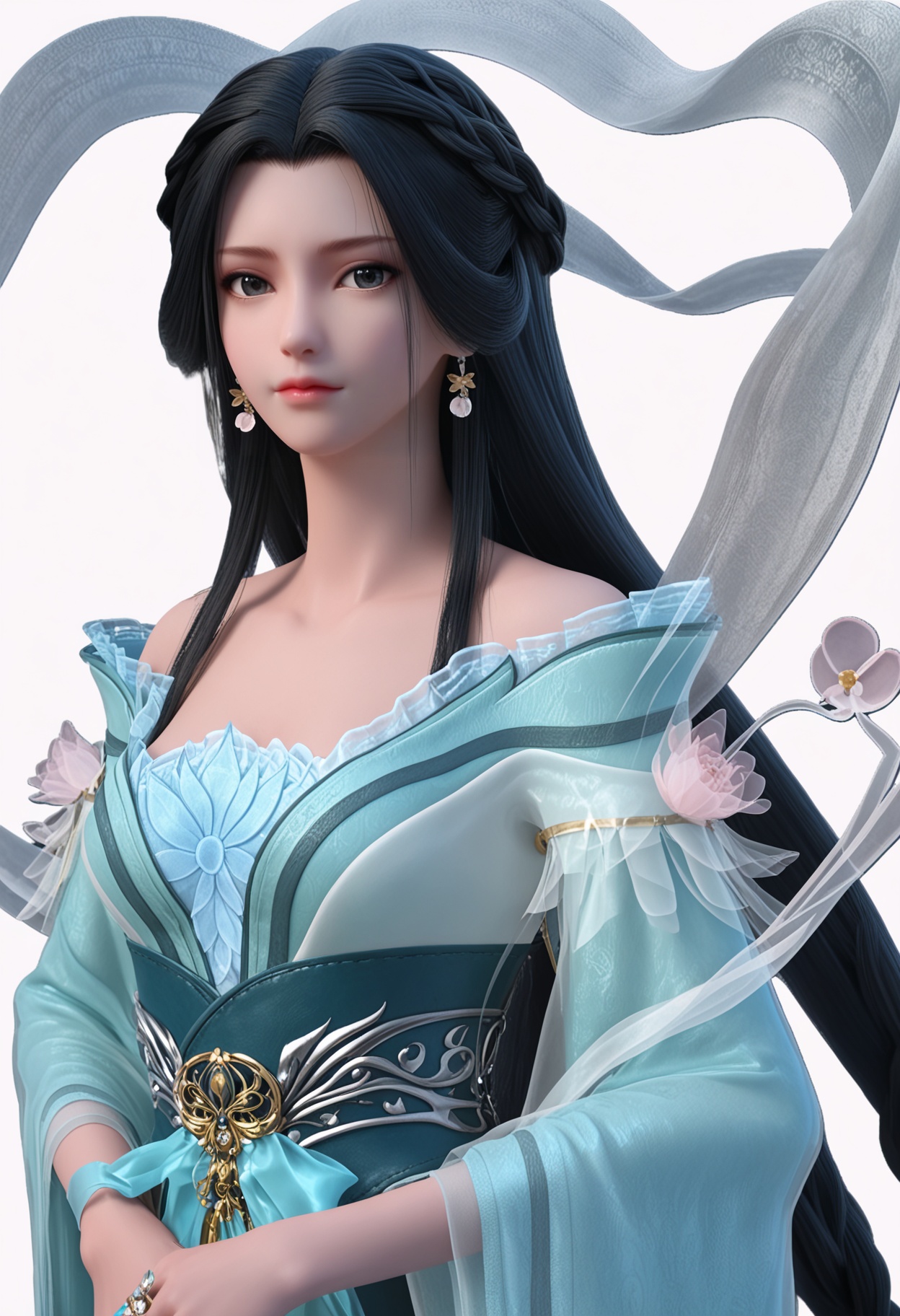 score_9,high detail,best quality,shiny skin,shiny,1girl,solo,black hair,long hair,jewelry,earrings,dress,white background,closed mouth,bare shoulders,simple background,realistic,hagoromo,braid,shawl,sash,flower,blue dress,long sleeves,looking at viewer,upper body,<lora:QQSponyjiangliV1:0.8>,