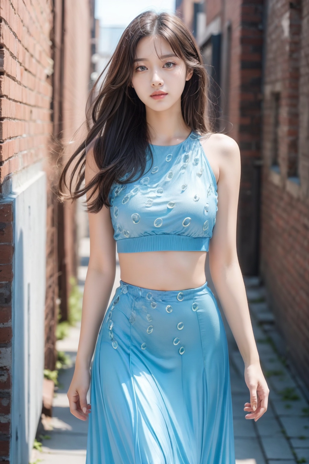 Realistic,(masterpiece:1.2),best quality,8K,HDR,RAW,depth of field,blurry,1girl, ((solo)), large breasts, long hair, ((brick wall background, standing)),(looking at viewer),<lora:add_detail:0.6>,<lora:GoodHands-vanilla:1>, <lora:ENNE 蓝色短上衣+长裙_v09:1> ,blue_long skirt,cropped top,