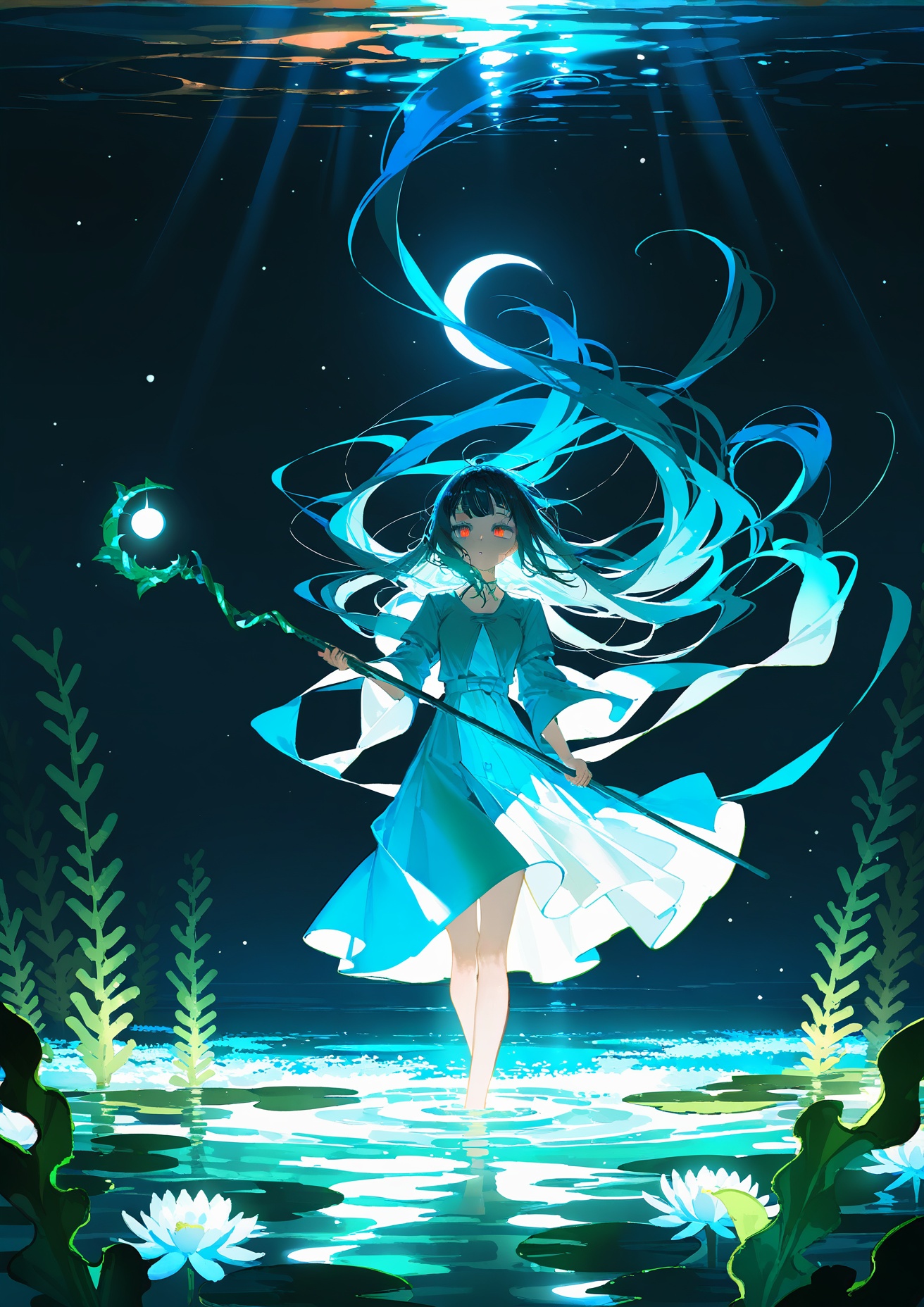 masterpiece, best quality, year 2024, newest, highres, absurdres, illustration, (inverted reflection:1.2), underwater, (kelp forest:1.1), seaweed, light rays, caustics, blue theme, green theme, floating particles, (glowing plants:0.8), bioluminescent, starry sky, crescent moon, flower field, (glowing flowers:0.8), 1girl, witch, floating, long robe, staff, chromatic aberration, light particles, double exposure, cold colors, warm color accents, (transparent background:0.8), flowing elements, quasarcake:0.4, (mika pikazo:0.8), (rei \(sanbonzakura\):0.7), tsuruse0.2, (wlop:0.1), (nixeu:0.1)