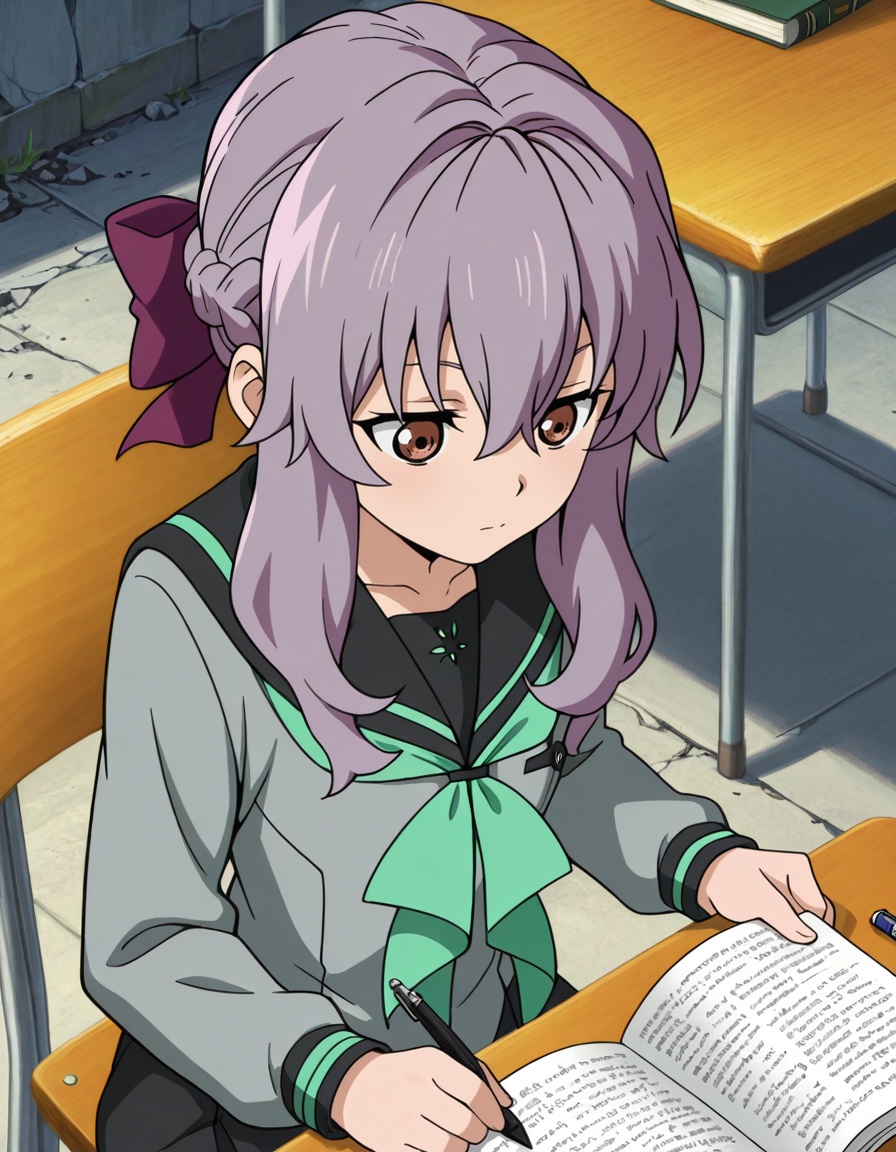 masterpiece, best quality, amazing quality, outdoors, ruins, indoors, classroom, table, window, ruins, 1girl, reading, looking down, solo, book, pen, from above, sitting,shinoa hiiragi (owari no seraph), long hair, purple hair, purple hair bow, half up braid, sidelocks, hair between eyes, brown eyesschool uniform, grey serafuku, black sailor collar, green neckerchief, long sleeves, black skirt, <lora:shinoa_hiiragi-owari_no_seraph_s2-ixl-anime-soralz:1>