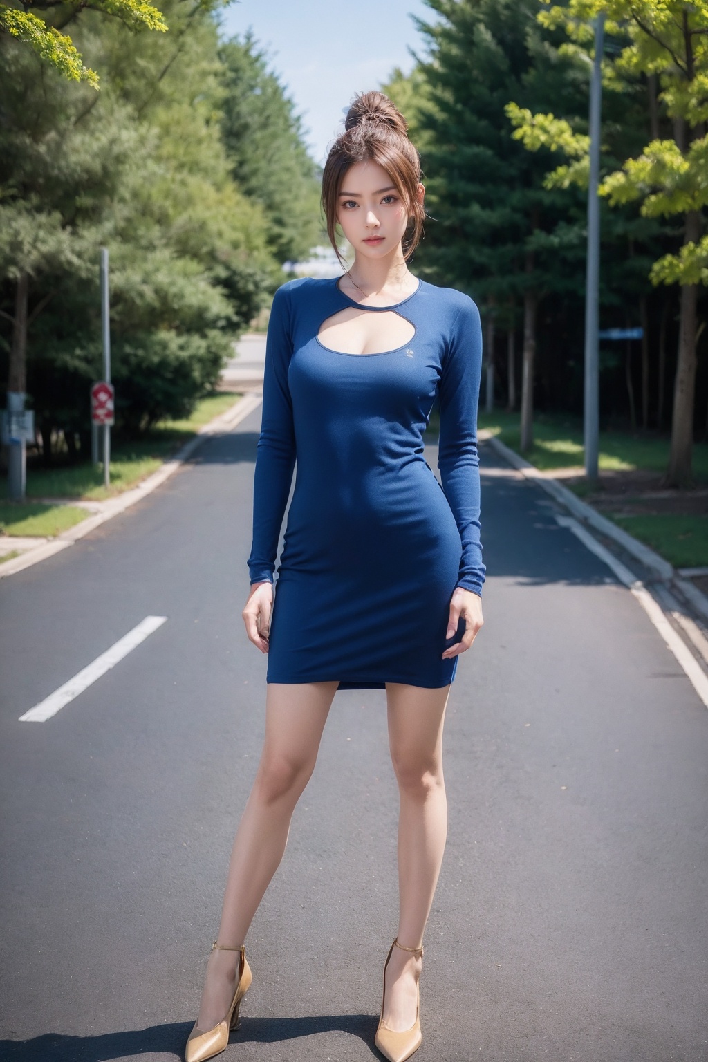 1girl, female focus, realistic, looking at viewer, outdoors, dress, road, standing, shoes, full body, solo focus, ponytail, day, photorealistic,