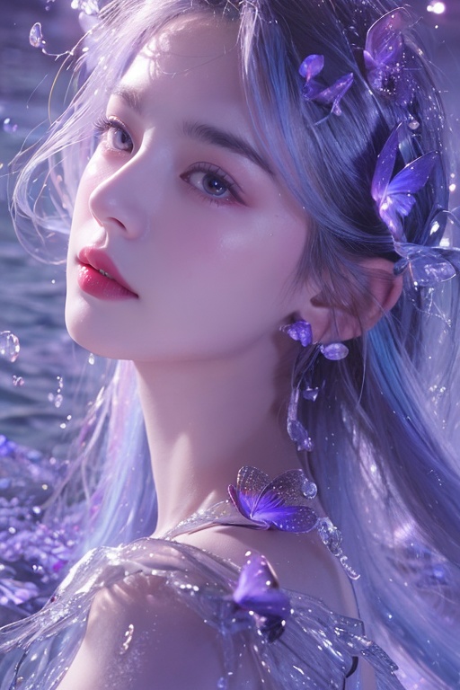 1girl,take a bath on the lake, the water is bright and sparkling, like colorful glass,(Many purple bubbles:1),(Half-length photo:1.8),(blue butterfly),exposed back,The posture of getting up from the lake,(fluorescent hair:1.4), <lora:1:0.6>