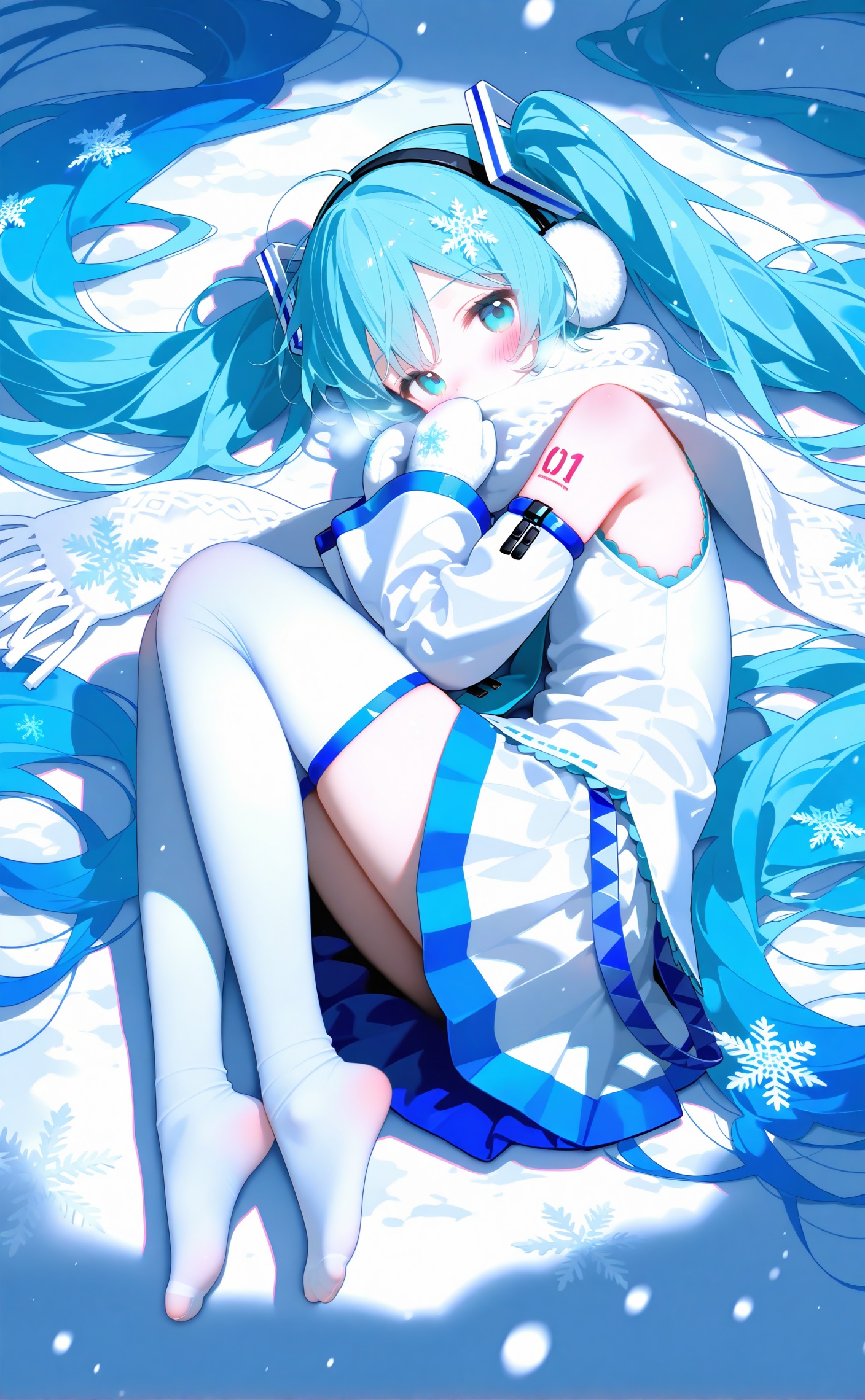 masterpiece,very aware,highres,absurdres,newest,best quality,loli,petite,high quality,chromatic_aberration,//,1girl,hatsune miku,yuki miku,solo,long hair,snowflakes,thighhighs,twintails,earmuffs,blue eyes,very long hair,scarf,detached sleeves,skirt,blue hair,fetal position,mittens,thigh boots,hair ornament,looking at viewer,white thighhighs,snow,white scarf,plantar flexion,on side,boots,full body,snowing,lying,zettai ryouiki,white mittens,necktie,sleeveless,floating hair,bare shoulders,aqua hair,sleeveless shirt,white skirt,covering own mouth,aqua eyes,shirt,snowflake hair ornament,no shoes,blush,