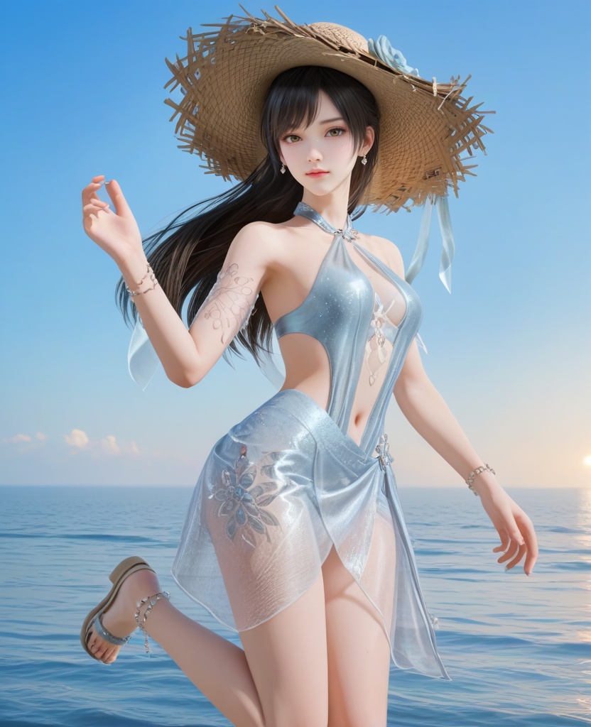(oriental architecture, elegant decor, sophisticated style:1.1),(Flying Leap, One leg forward, arms extended back, ready to take off into the sky,:1.1),(breasts:1.2),<lora:XL16永劫无间顾清寒仲夏霜华:0.95>,miss guqinghan,glacial bikini set,sheer beach sarong with frost patterns,black hair,half-up crown updo with long cascading hair,navel,armlet,sandals,summer straw hat,ocean,, score_9,score_8_up,score_7_up,score_6_up,score_5_up,score_4_up,3d rendering,tag1,tag2, Cinematic Lighting,backlighting,