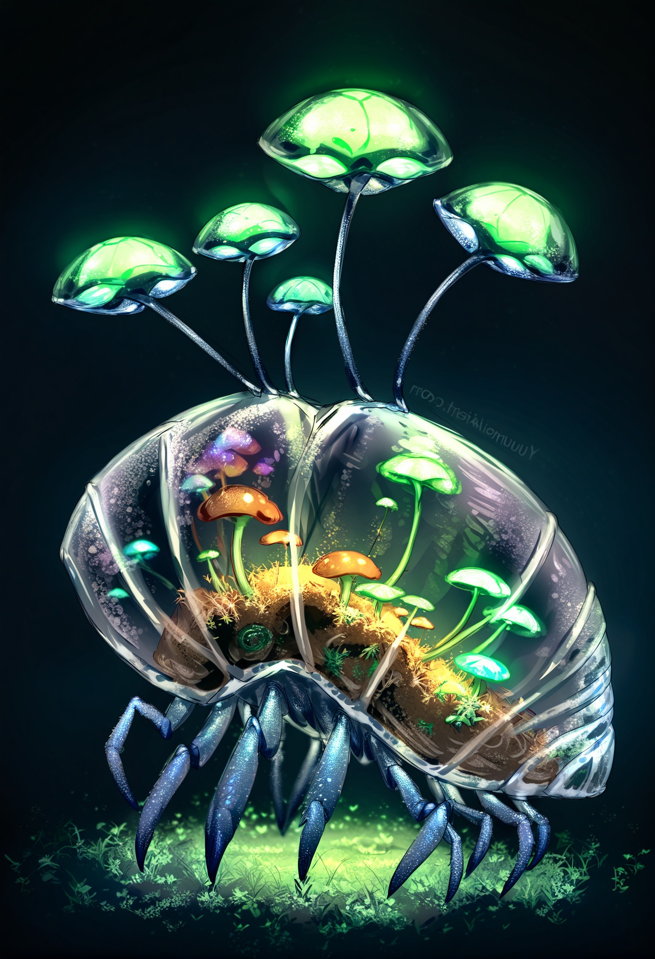 masterpiece,best quality,no humans, animal, animal focus, artist name, bug, green eyes, watermark, black background, glowing, web address, pokemon \(creature\), simple background, antennae <lora:YuuXLlokr8f-000187:0.95>