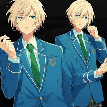 At school,  a male Eichi Tenshouin with blonde short hair between his blue eyes is in the classroom. He is wearing a teal...