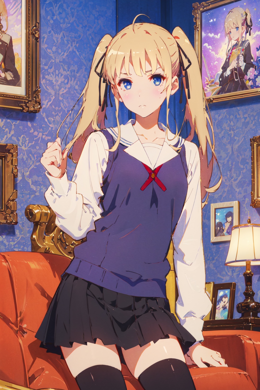 <lora:Eriri-000012:0.8>,eriri cyql,1girl,looking at viewer,solo,blonde hair,long hair,twintails,blue eyes,ribbon,hair ribbon,black ribbon,school uniform,sweater vest,skirt,zettai ryouiki,thighhighs,black thighhighs,Angry, tightened jaw, squinted eyes, and raised eyebrows.,upper_body,beautiful face,beautiful eyes,glossy skin,shiny skin,Stand-up comedy posters, Pop culture memorabilia, Laughter-themed decor, Comfy seating, TV,beautiful detailed sky,beautiful detailed glow,posing in front of a colorful and dynamic background,masterpiece,best quality,beautiful and aesthetic,contrapposto,female focus,wallpaper,fashion,