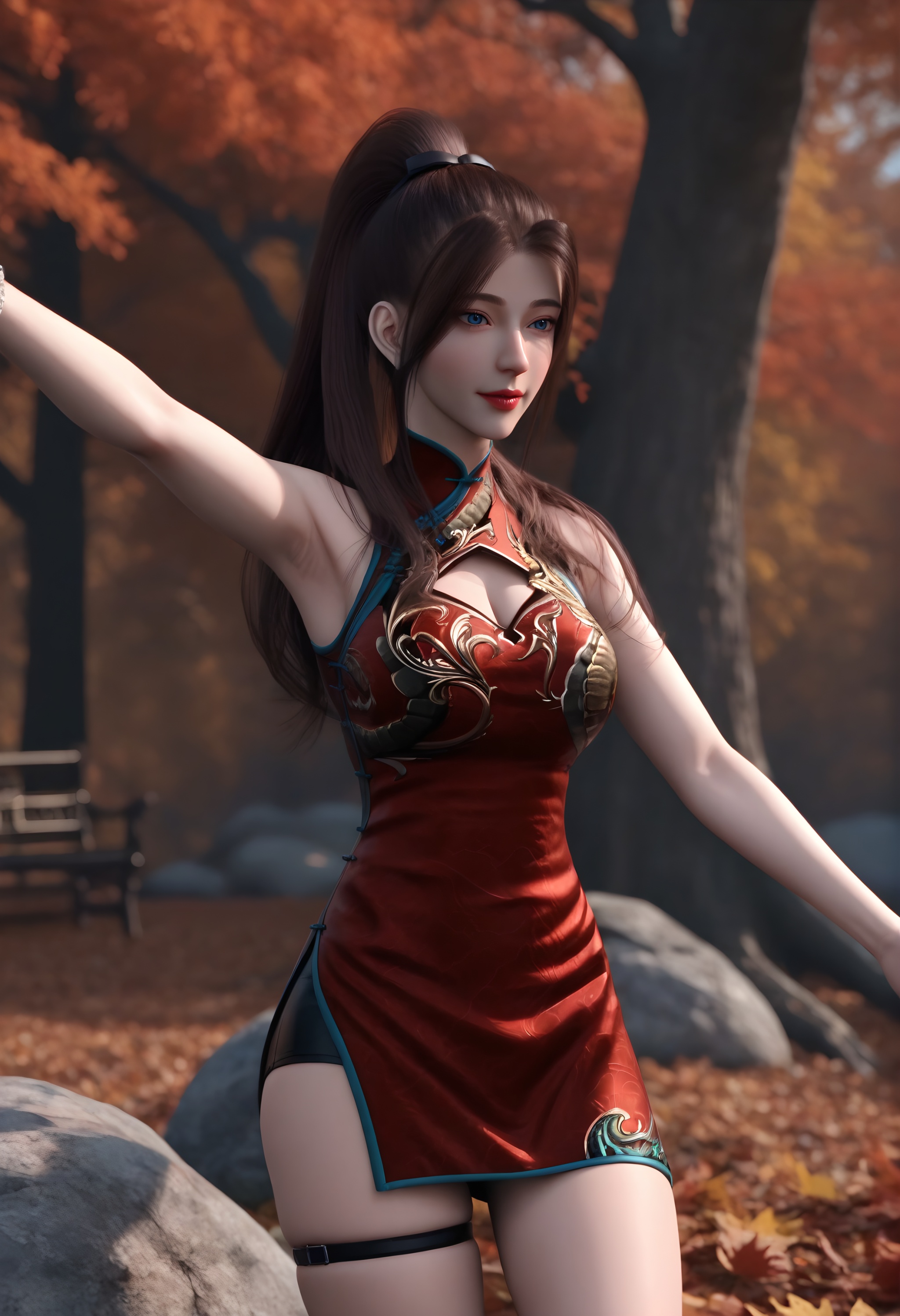 (score_9),<lora:唐紫尘-apony-000009:0.83>,tangzichen,(mature_female:1.1),solo,blue eyes,long hair,brown hair,ponytail,hair tie,china dress,cleavage cutout,thigh strap,(red_china_dress),short_shorts,bare legs,<lora:Expressive_H-000001:0.8>,light blush,front view,looking at viewer,reaching,armpits,collarbone,(glamor:1.2),pointy breasts,puffy breasts,<lora:e肤色滑块:0.5>,fair_skin,(pale_skin),<lora:e色温:-0.35>,light skin,ultra-detailed skin texture,detailed textures,<lora:皮肤凹痕:1.2>,BREAKin autumn,grove,(maple_tree),(maple_leaf),leaf,autumn leaves,falling leaves,branch,twig,Tyndall effect,available light,depth of field,rock,4K ultra HD,sharp focus,high detail,natural lighting,high contrast,