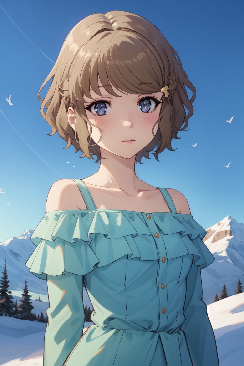 <lora:Tomoe-000014:0.8>,Tomoe CYQL,1girl,looking at viewer,solo,short_hair,brown_hair,bangs,blue_eyes,hair_ornament,blush,Turquoise blue off-shoulder mini dress with ruffled hem,yandere,upper_body,Pass, Snow, Alps, Mountains, Peaks, Cold, Adventure, Serenity,(Epiphytes, Rainforest canopy, Canopy walk, Exotic birds, Tropical humidity, Rainforest adventure:0.5),beautiful detailed sky,beautiful detailed glow,posing in front of a colorful and dynamic background,masterpiece,best quality,beautiful and aesthetic,contrapposto,female focus,wallpaper,