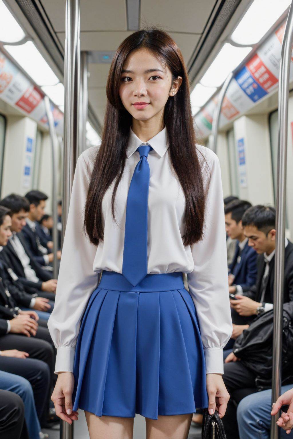 Photograph of a young Asian woman in a subway car, wearing a white blouse with a blue tie and a matching blue pleated skirt. She has long, straight black hair, light skin, and is standing near the pole, holding a black handbag. The background shows other commuters, mostly men, sitting on the benches, with the subway interior featuring metallic poles and advertisements. The lighting is bright and even, typical of urban public transport. The woman has a composed and confident expression, and the overall scene feels slightly formal and professional.