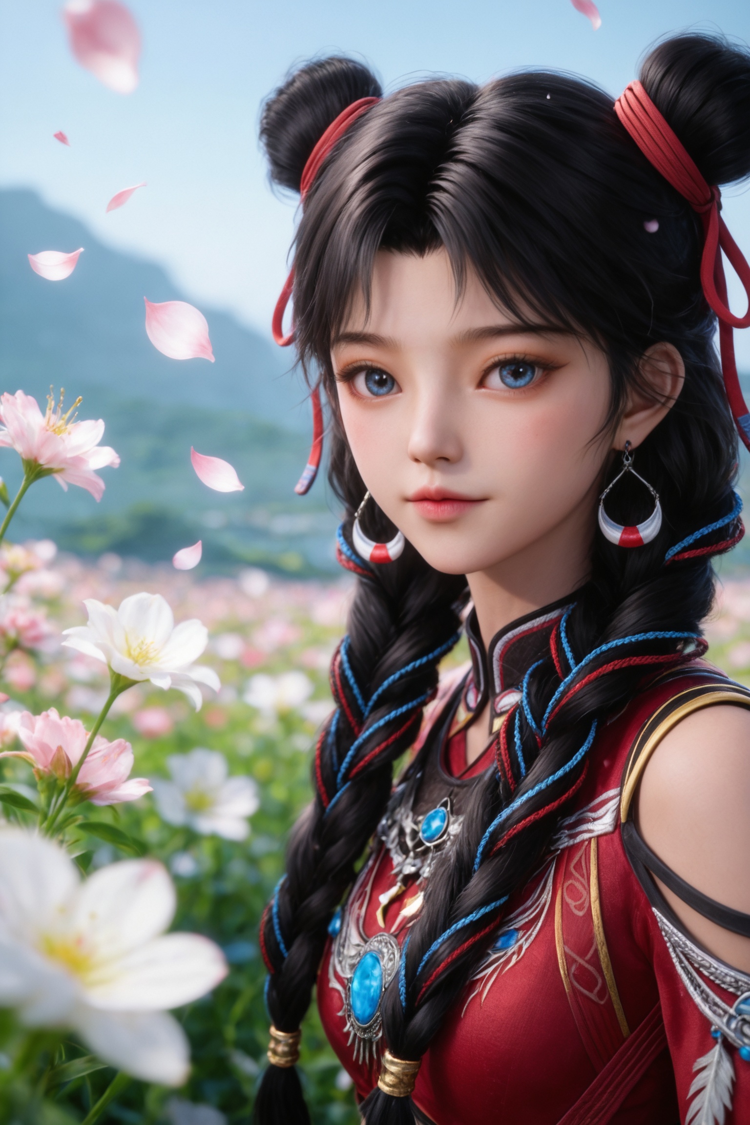 <lora:择天记-白落衡Pony:0.7> 1girl, long hair, black hair, ribbon, jewelry, earrings,hair ribbon, crop top, shirt,  midriff, necklace, bracelet, twin braids, double bun, red skirt, red dress,  shoulder cutout, white socks,shoes,, masterpiece,best quality,amazing quality,very aesthetic,high resolution,ultra-detailed,absurdres,scenery,photorealistic,looking at viewer,moody lighting,peach blossom,falling petals,realistic,photorealistic details,, masterpiece, very aesthetic, best quality, newest, absurdres, highres, frantile, cinematic feeling, portrait, profile, (close-up:1.5), eye focus, bright pupils,  wind, lily \(flower\), too many flowers, white flower,
