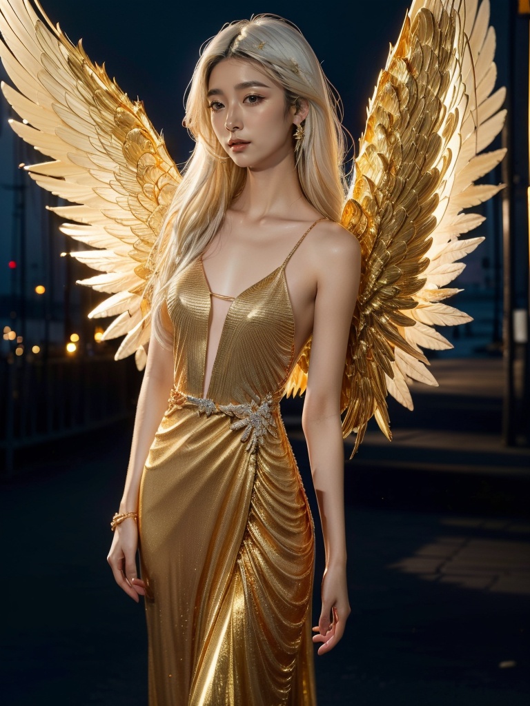 jinyingnvshen,masterpiece,best quality,1girl,exquisite details,set at night by the seaside,white hair,jewelry,<lora:jinyingnvshen-000004:0.7>,exquisite evening dress,small golden wings,((bust)),