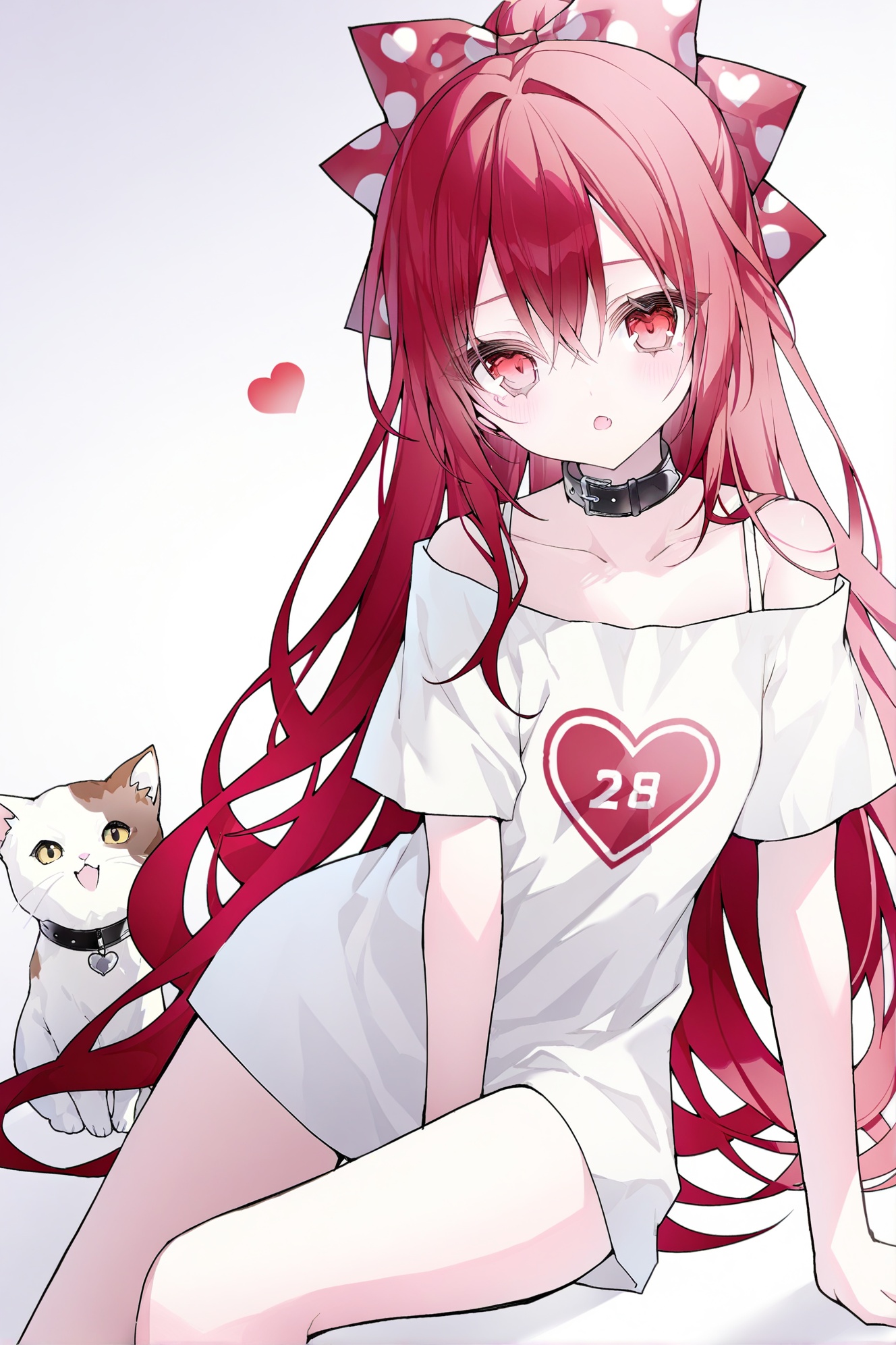 1girl,long hair,bow,shirt,solo,cat,hair bow,off shoulder,red hair,hair between eyes,heart,very long hair,sitting,short sleeves,between legs,collar,white background,looking at viewer,red eyes,heart print,blush,white shirt,animal,grey background,hand between legs,collarbone,black collar,open mouth,polka dot,simple background,gradient background,polka dot bow,off-shoulder shirt,